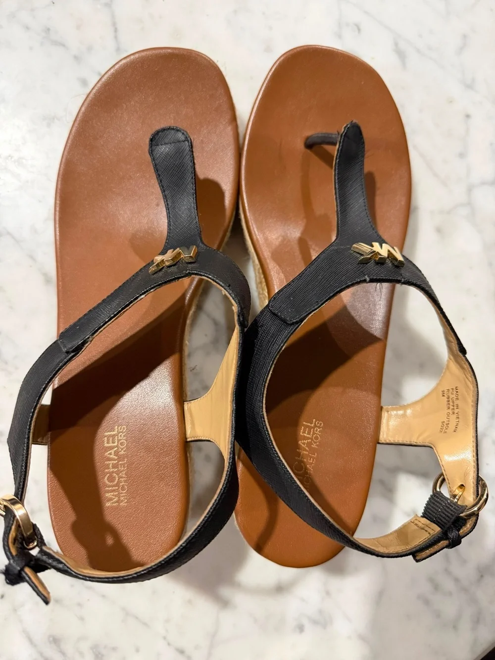 Michael Kors Black and Brown Leather Thong Sandals with Gold MK Accent